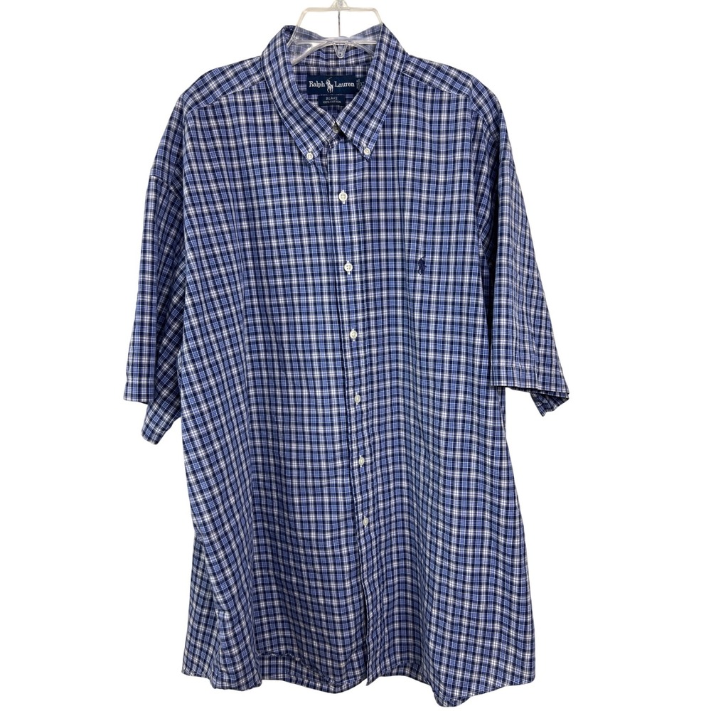 Ralph Lauren Blake Mens XXL Blue Plaid Short Sleeve Cotton Button Down Shirt E16